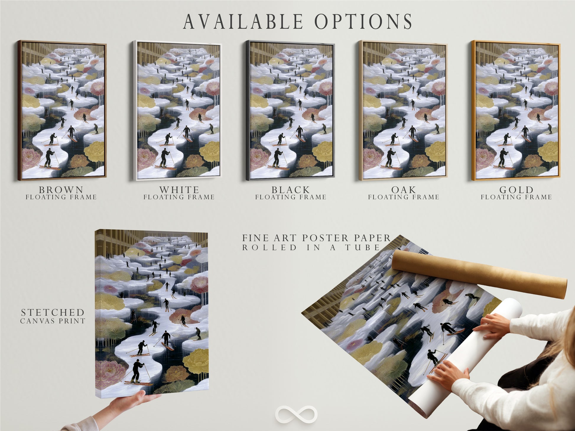 Explore available options for your artwork. Choose between a stretched canvas print fine art poster paper or a floating frame. Customize your skiing wall art to match your style. Perfect for any winter sports art enthusiast.