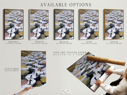 Explore available options for your artwork. Choose between a stretched canvas print fine art poster paper or a floating frame. Customize your skiing wall art to match your style. Perfect for any winter sports art enthusiast.
