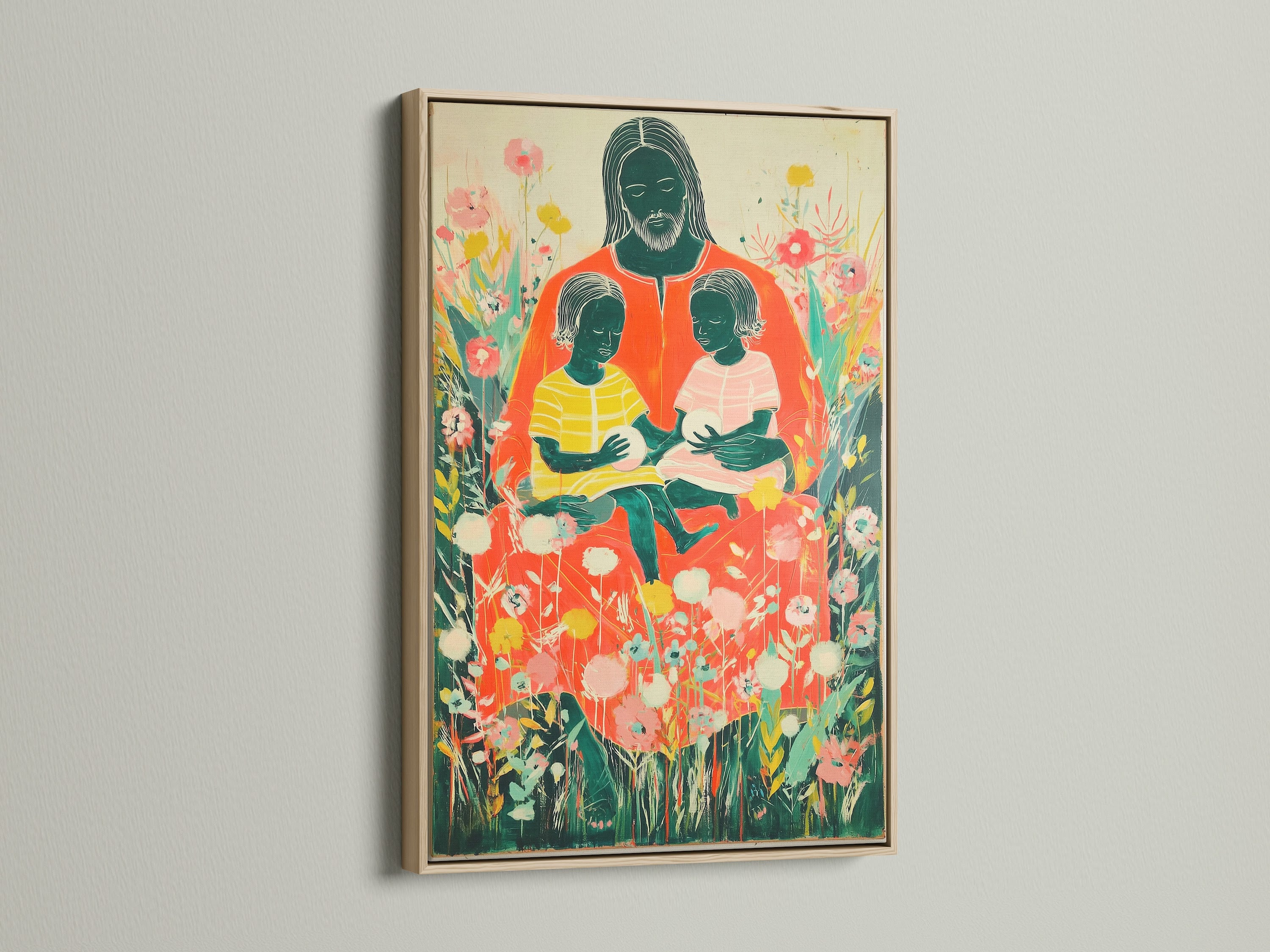 The artwork is displayed in an oak frame. The natural wood grain adds warmth to any room. This frame enhances the artwork's beauty. Oak frames are a classic choice. It provides a timeless appeal to your art. Browse our selection of oak frames today.