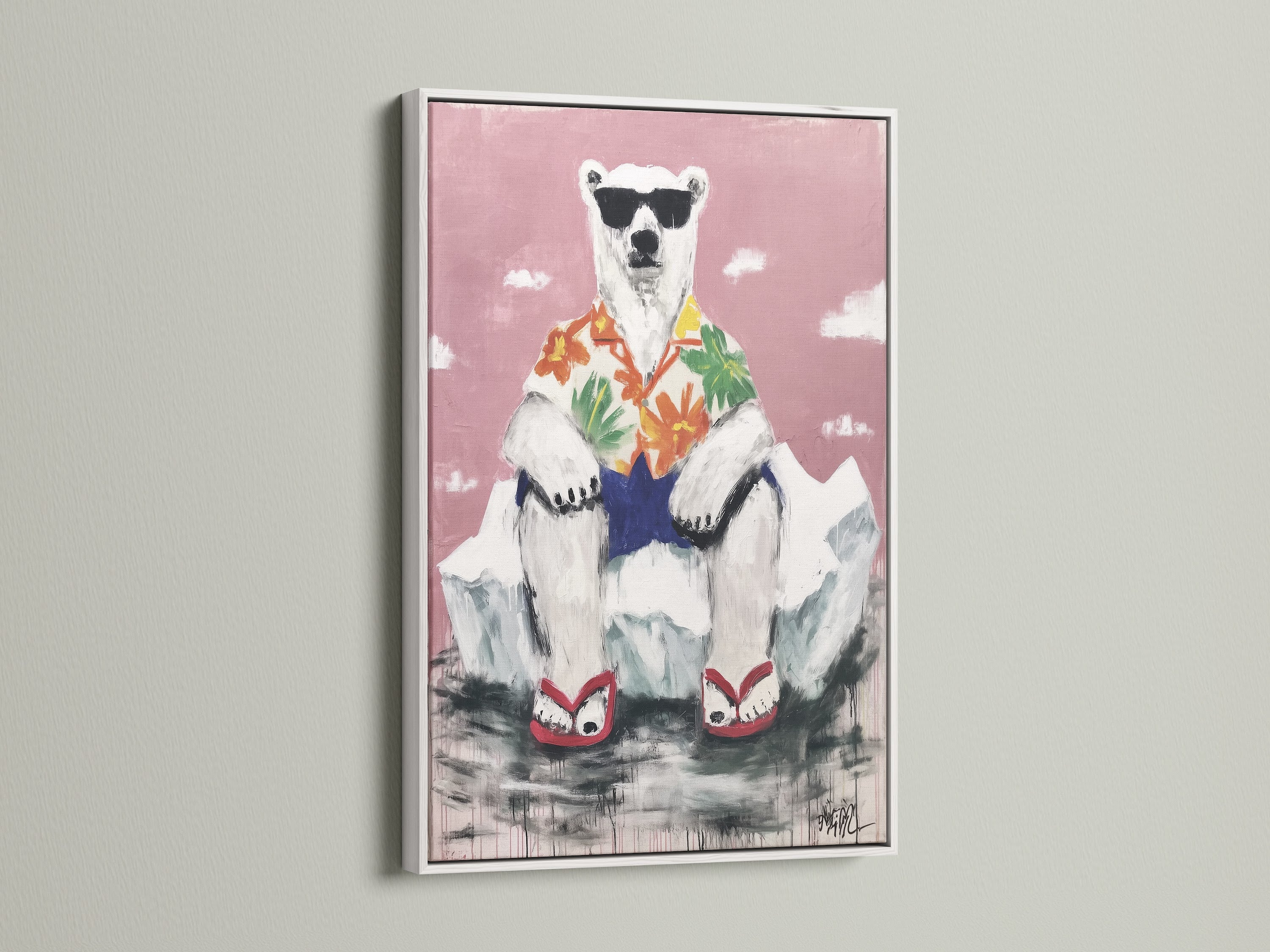 A cool polar bear canvas in a white frame. This tropical wall art is perfect for a nursery. The funny animal print brings playful art to your home. This bear artwork adds a whimsical touch.