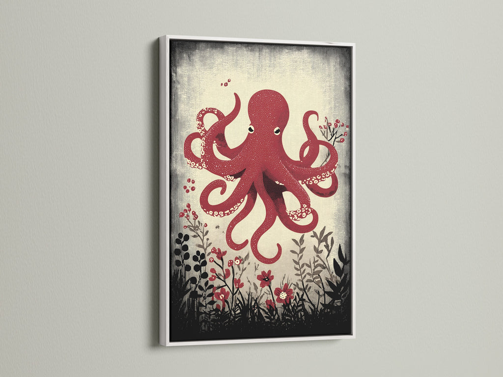 The red octopus artwork is showcased in a sleek white frame. This coastal wall art adds a fresh touch to any space. Ideal bathroom art or a unique addition to your art collection. Discover marine art prints.