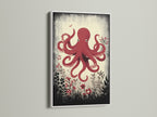 The red octopus artwork is showcased in a sleek white frame. This coastal wall art adds a fresh touch to any space. Ideal bathroom art or a unique addition to your art collection. Discover marine art prints.