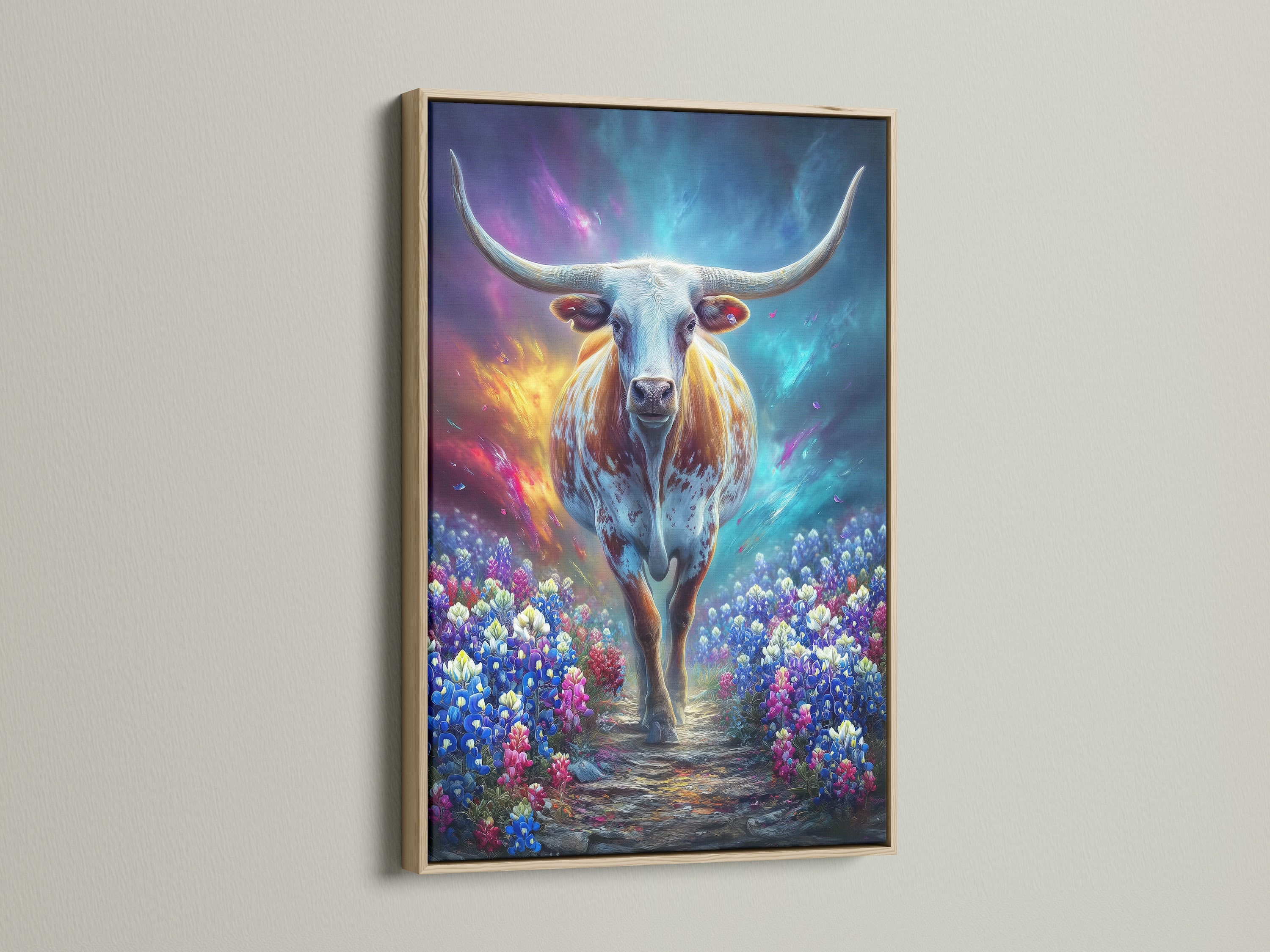 This is a captivating mystical cow artwork in an oak frame. The fantasy animal art brings an ethereal touch to any room. The wildflower field art enhances minimalist or farmhouse decor. A perfect piece for living rooms bedrooms or offices. Elevate your space with this unique artwork.