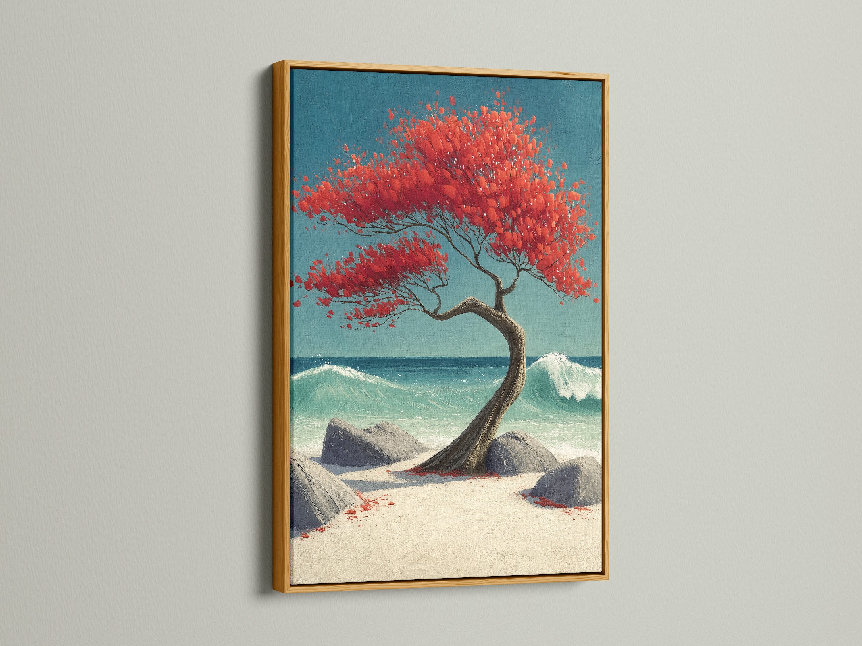 Coastal Tree Canvas Print with a gold frame. The artwork showcases a red bonsai tree on a beach with turquoise ocean waves. This seaside artwork brings a touch of luxury. Buy this coastal decor to create a zen wall.