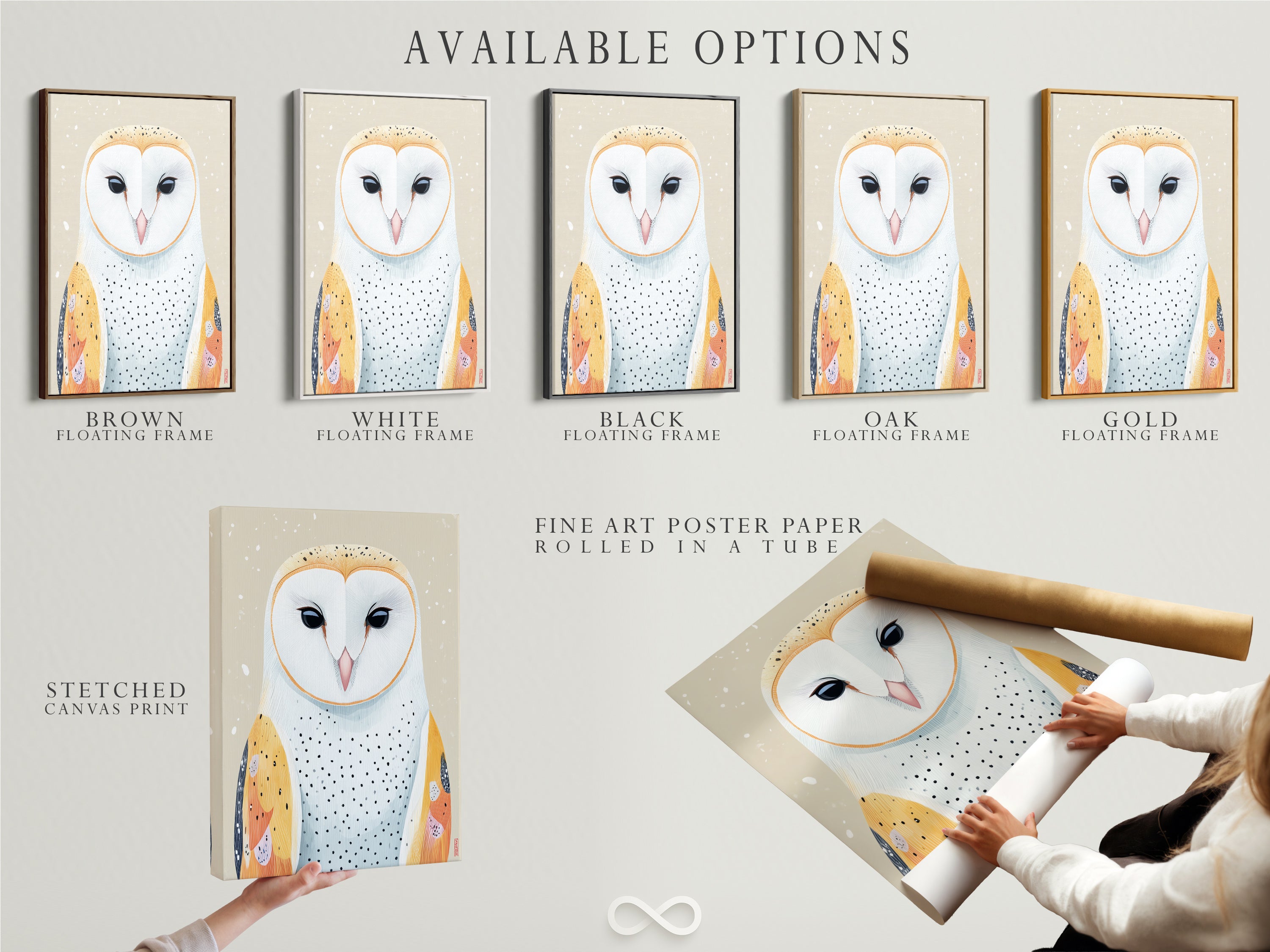 Available options for owl artwork. Choose from a stretched canvas print. Also available is fine art poster paper and a floating frame. Perfect for creating your ideal modern bird wall art. Great for nurseries or scandi decor.