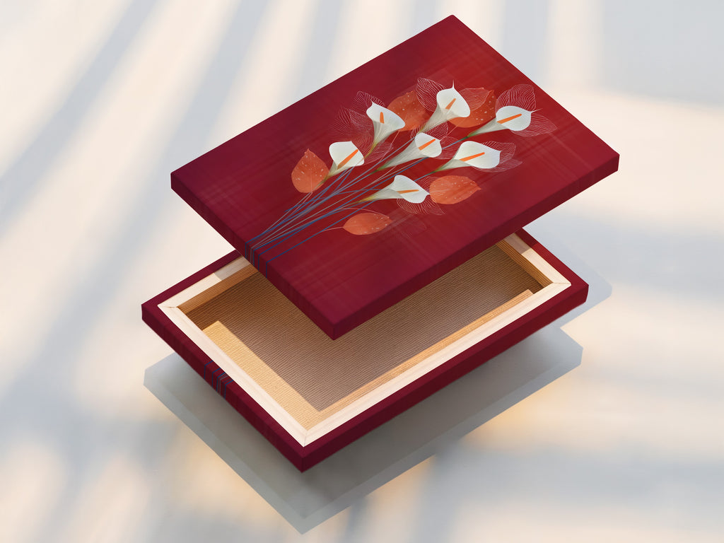 A stretched canvas print of the calla lily artwork is displayed. The stretched canvas provides a ready-to-hang floral artwork option. Perfect for adding burgundy decor to your living room. Enjoy the beauty of botanical art on canvas.