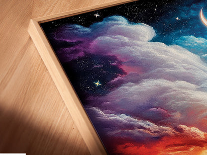 A close-up of a canvas print in a floating frame. The artwork features a dreamy beach and vibrant sunset colors. Perfect for adding a touch of coastal charm to any room. The floating frame enhances the artwork's visual appeal. Ideal for bedroom wall decor.