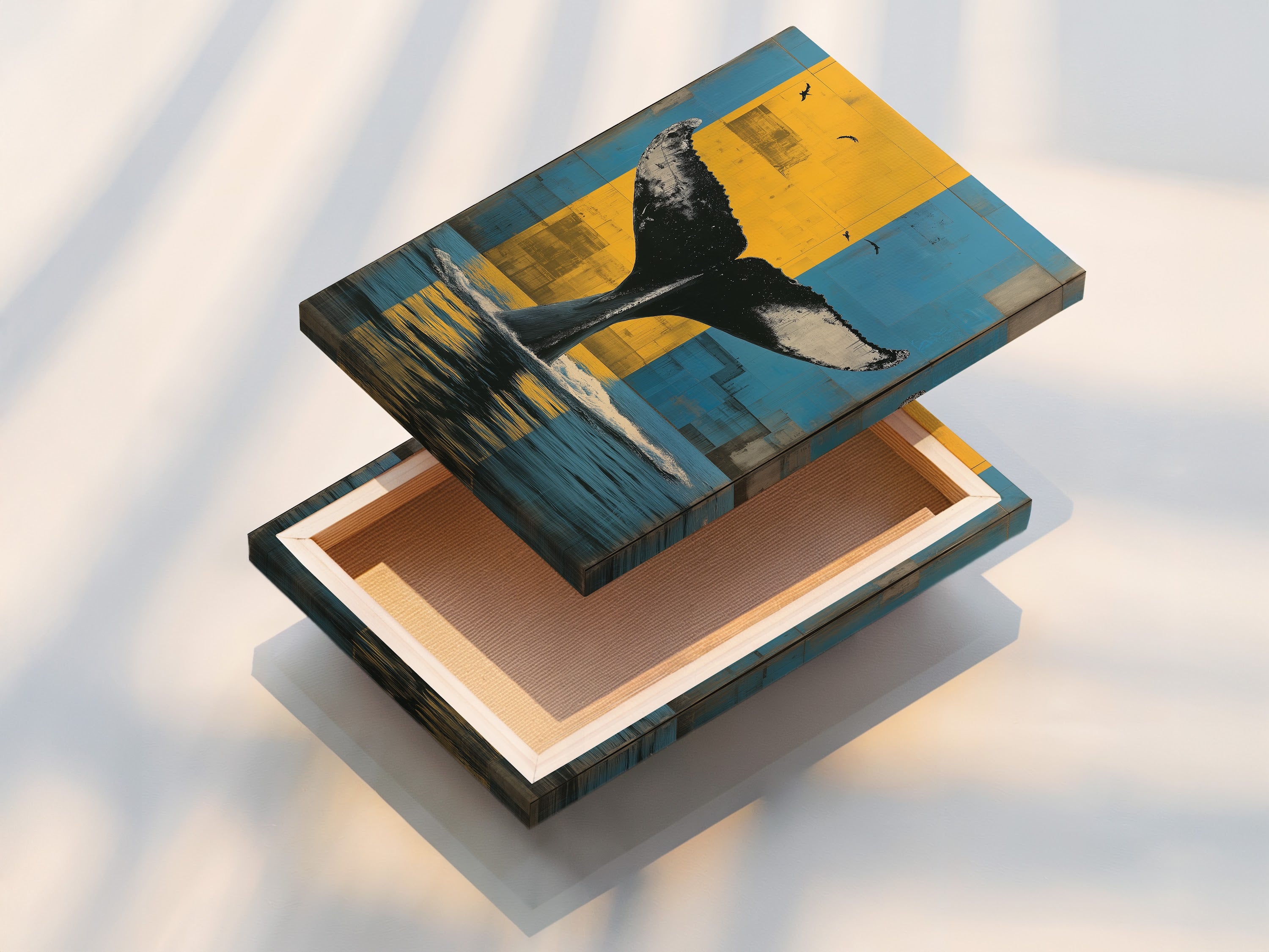 A stretched canvas print of Whale Tail artwork. The artwork has blue and yellow colors. This ocean canvas is ready to hang. Ideal for coastal and tropical style rooms. Enhance your space with this marine art.