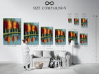 Size comparison chart for autumn trees artwork. See how different sizes look in an interior setting. Reflected landscape wall art with a teal blue lake painting. Visualize the perfect fit for your space.