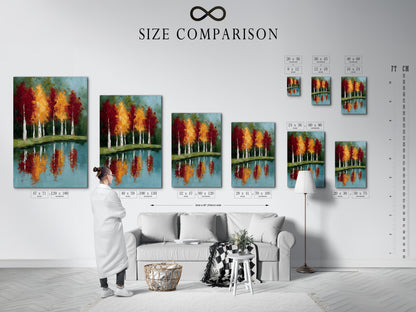 Size comparison chart for autumn trees artwork. See how different sizes look in an interior setting. Reflected landscape wall art with a teal blue lake painting. Visualize the perfect fit for your space.