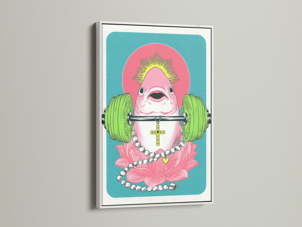 Surreal flamingo artwork print in a white frame. This funny animal print is perfect for workout wall art. It's a great addition to any space needing a touch of humor. The primary color is pink and the secondary color is green.