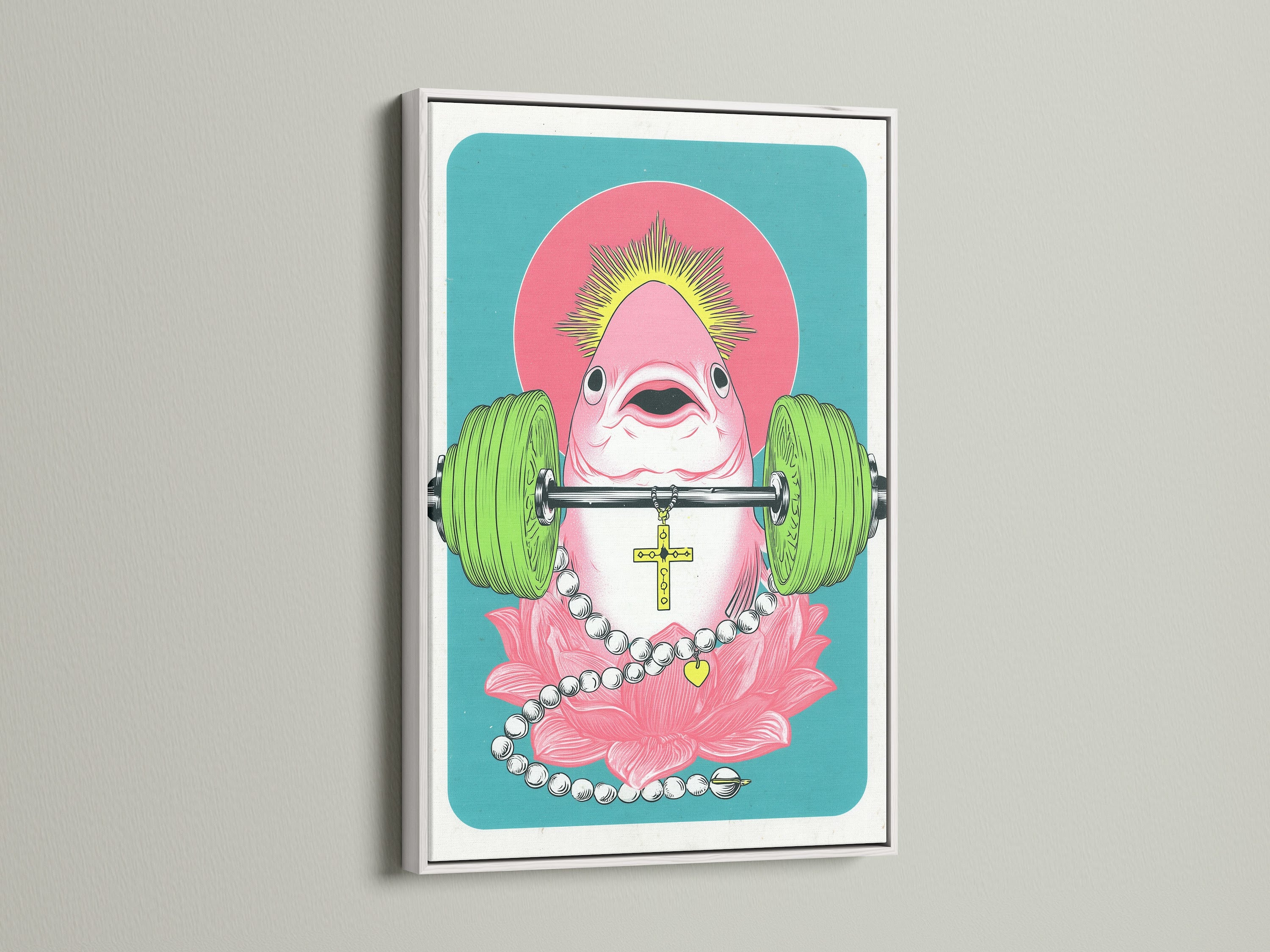 Surreal flamingo artwork print in a white frame. This funny animal print is perfect for workout wall art. It's a great addition to any space needing a touch of humor. The primary color is pink and the secondary color is green.
