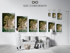 Size comparison chart showcasing the Lake and Canoe canvas print in an interior setting. Visualize how this nature wall art will look in your space. Choose the perfect size to complement your room decor. Whether it is a living room bedroom or office.