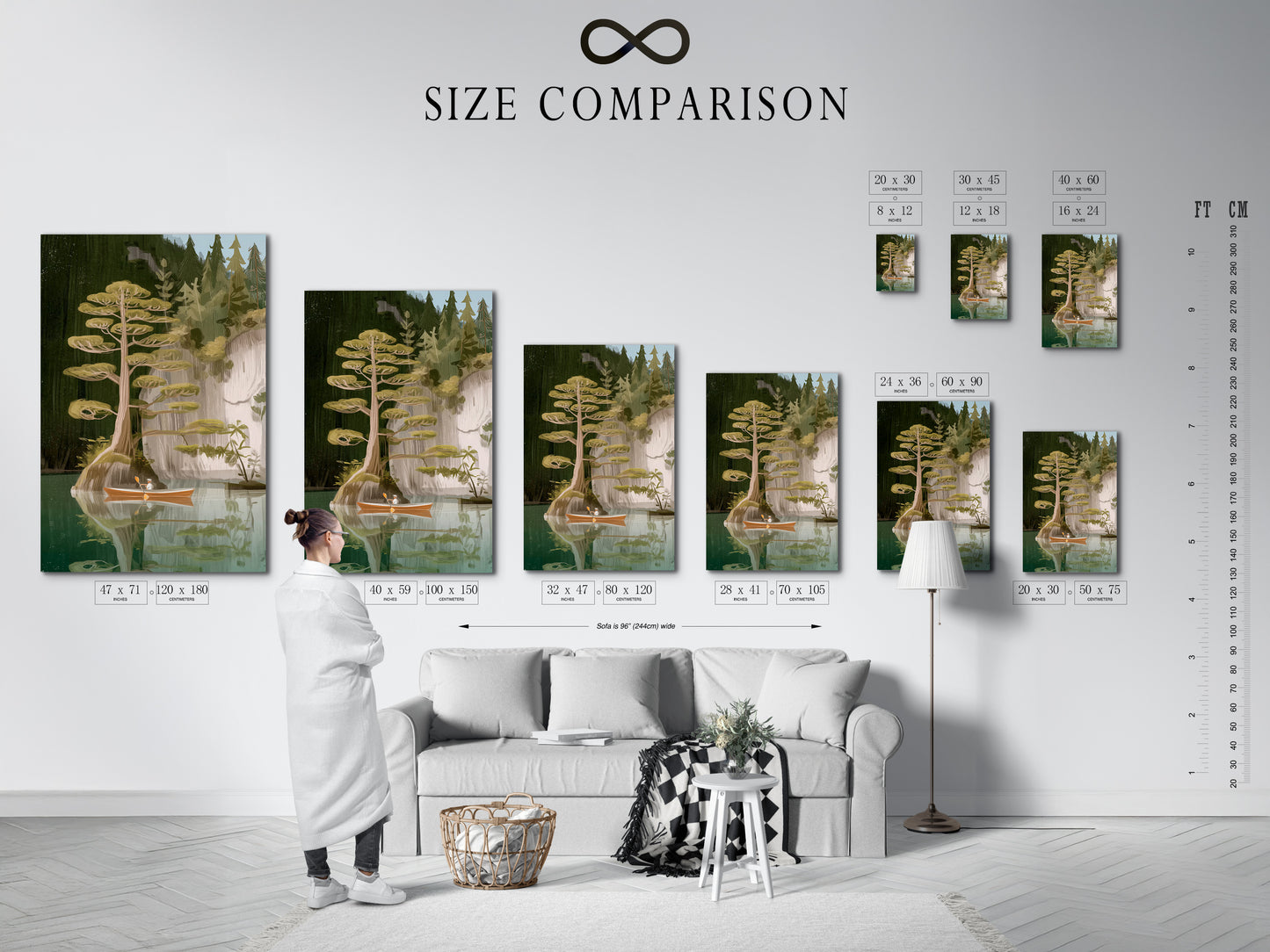 Size comparison chart showcasing the Lake and Canoe canvas print in an interior setting. Visualize how this nature wall art will look in your space. Choose the perfect size to complement your room decor. Whether it is a living room bedroom or office.