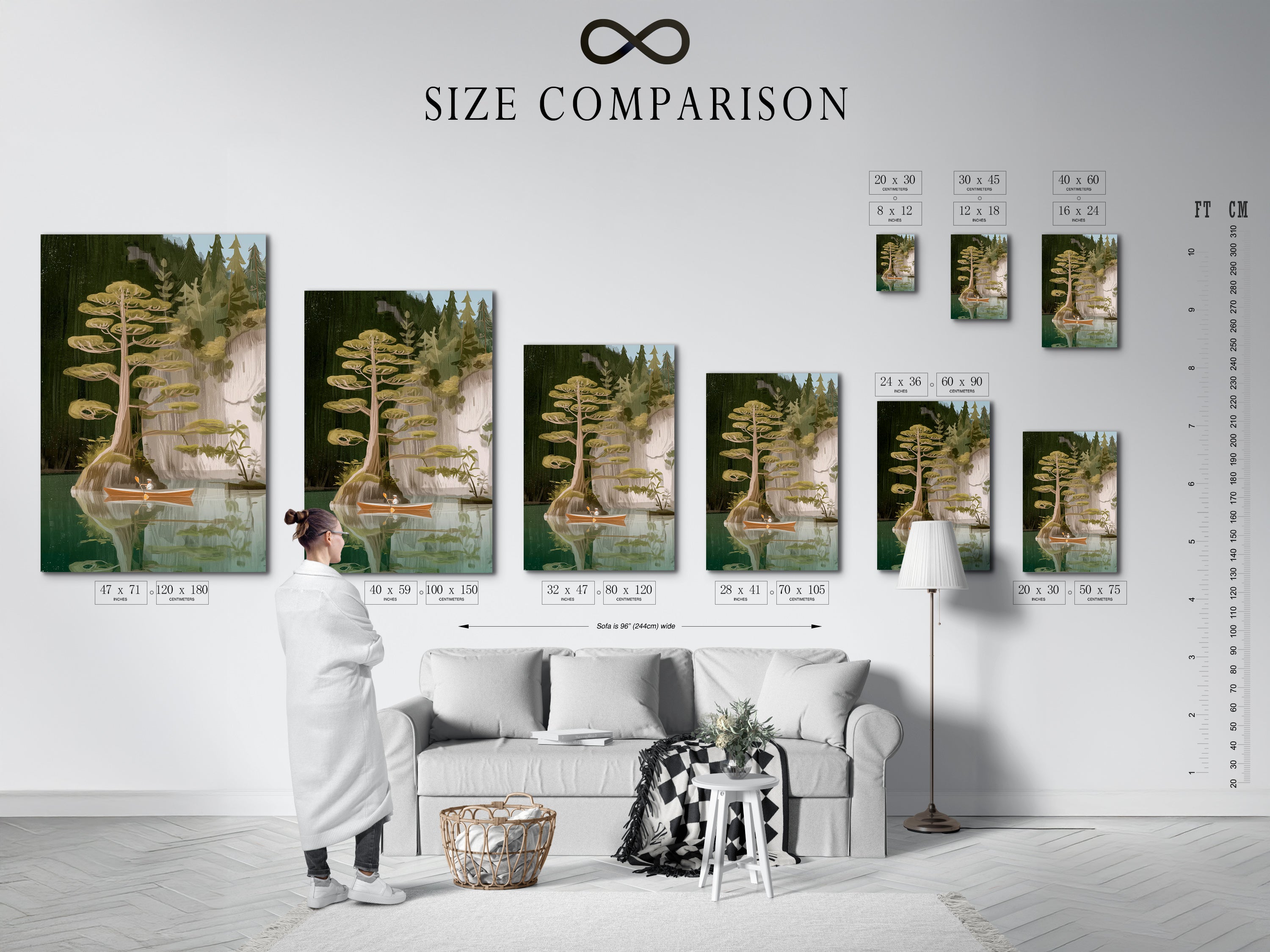 Size comparison chart showcasing the Lake and Canoe canvas print in an interior setting. Visualize how this nature wall art will look in your space. Choose the perfect size to complement your room decor. Whether it is a living room bedroom or office.