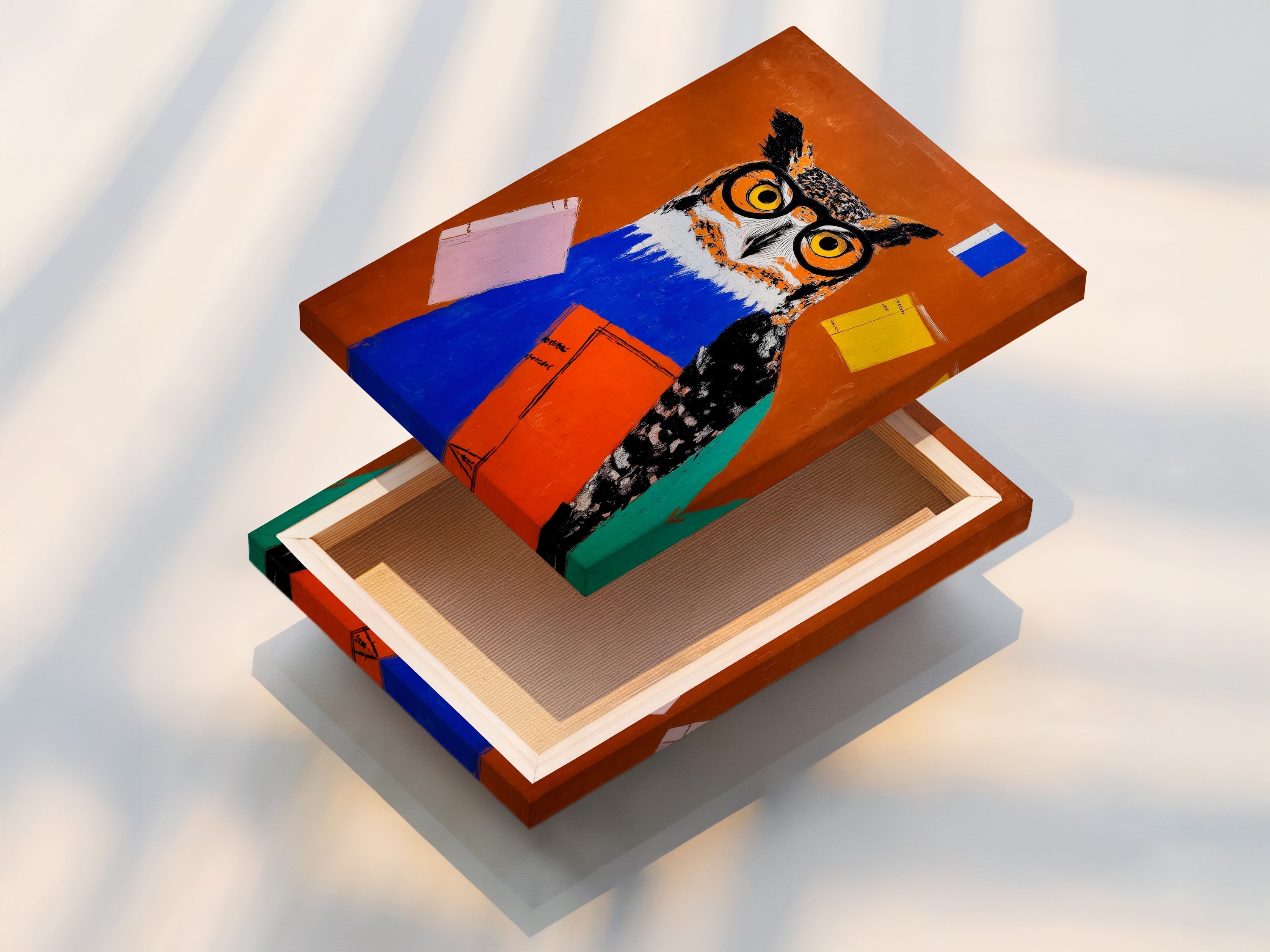 A stretched canvas print of the Owl with Books Art Print is shown. This artwork is ready to hang. It is ideal for office wall art. It can also be used for library wall decor. The contemporary style enhances any space. This smart owl is captivating.