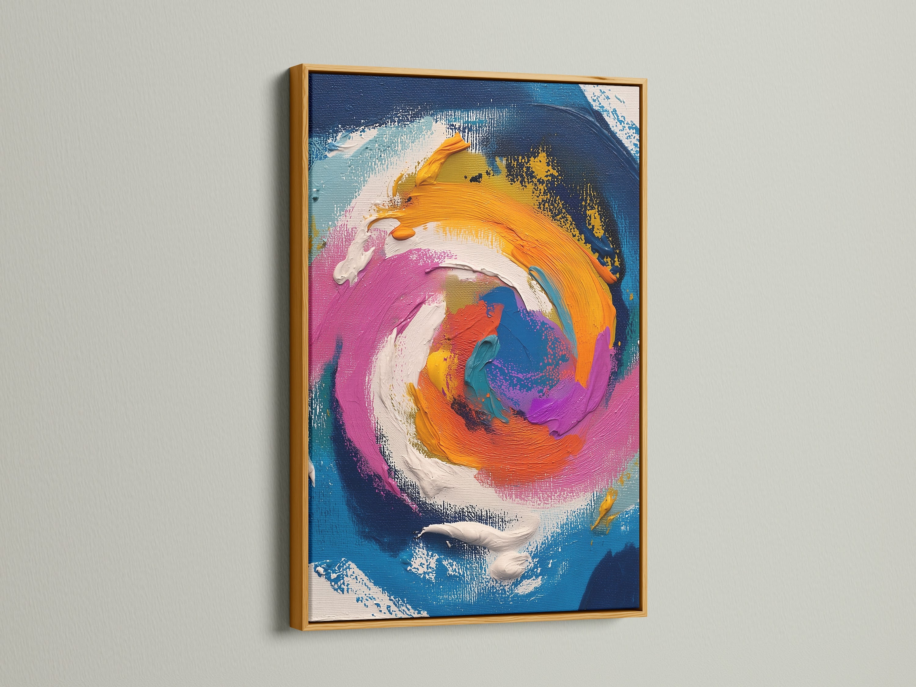 A stunning abstract swirl artwork is showcased in a gold frame. The gold frame enhances the artwork's vibrant colors and adds a touch of luxury. This contemporary piece is perfect for modern home decor. The swirl art is eye-catching.