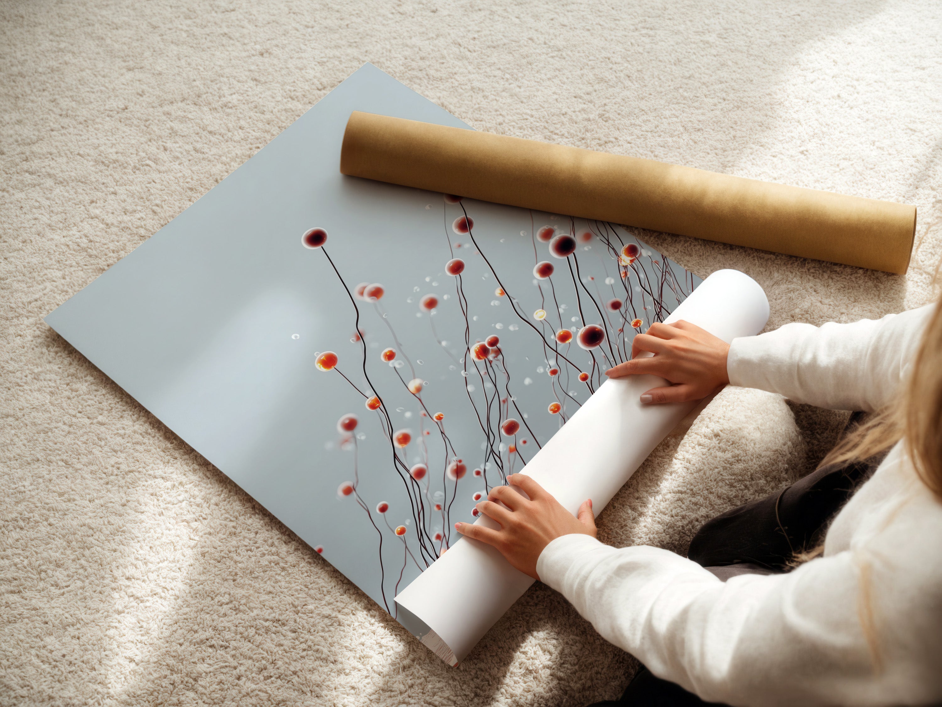 A woman carefully rolling a fine art poster paper. The poster paper is high-quality. Perfect for preserving artwork. View our selection of fine art poster paper. Ensure your art lasts for years.