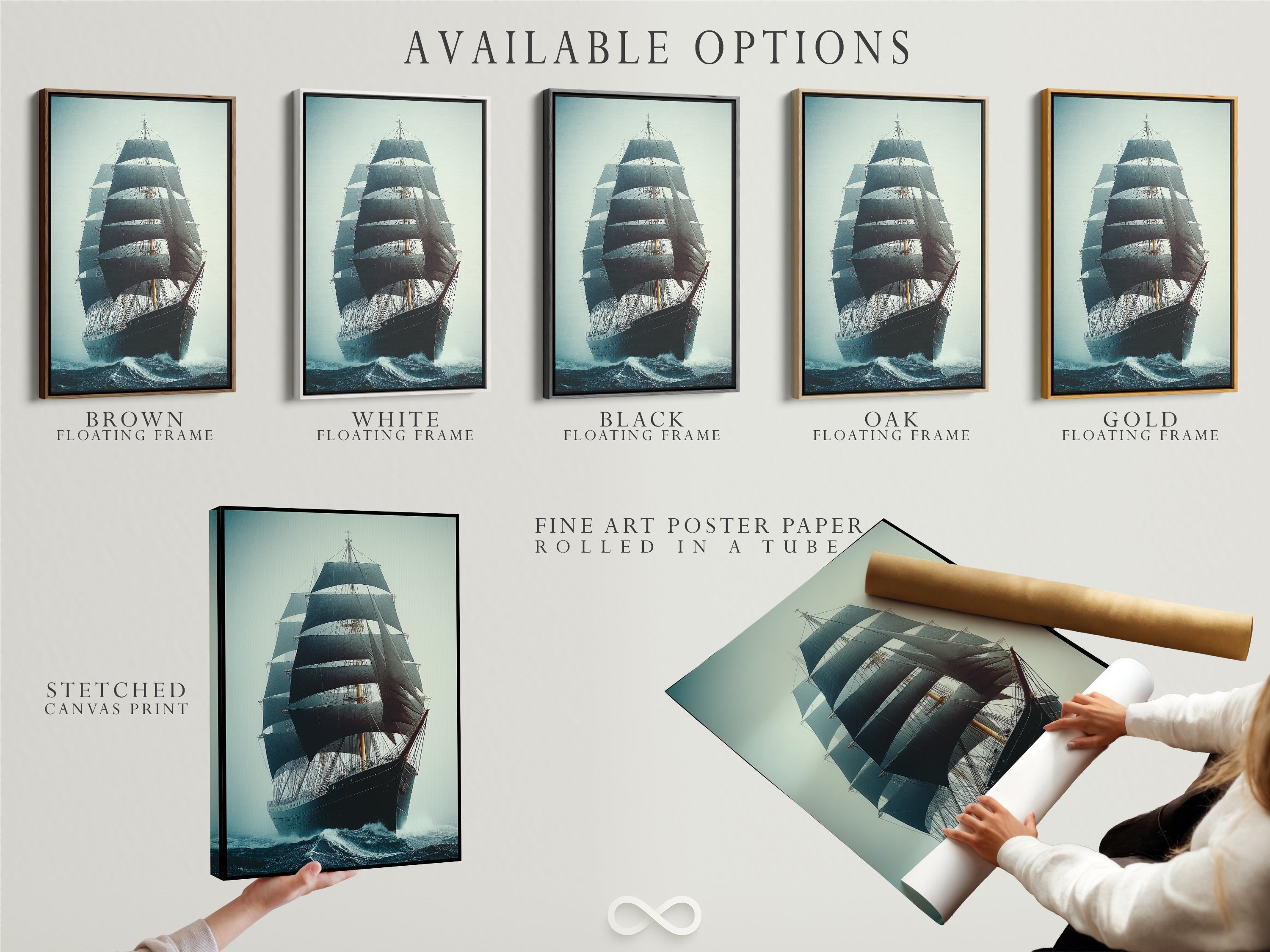 Available options for the sailing ship artwork. Options include stretched canvas print fine art poster paper and floating frame. Find the perfect style to match your nautical decor needs. Perfect for any room.