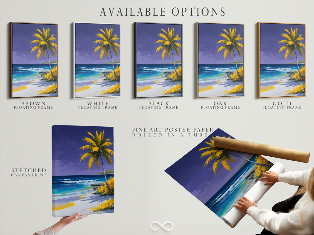 Explore available options including stretched canvas print fine art poster paper and floating frame. Select the perfect format for your tropical beach artwork. Customize your coastal paradise art today.