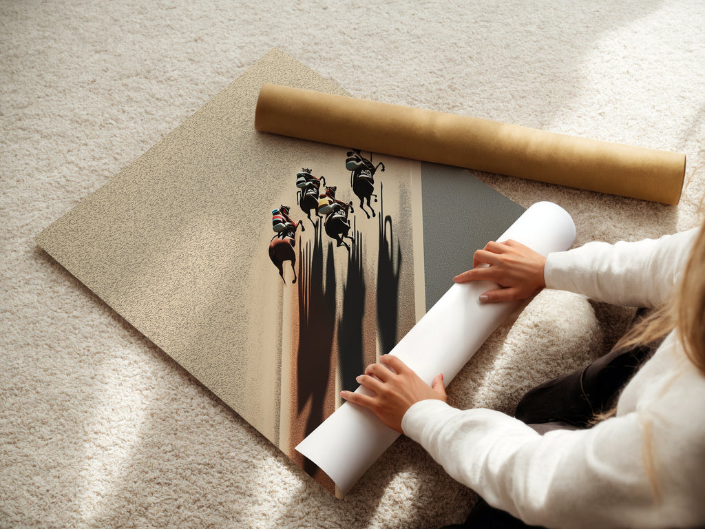 See the process of creating our fine art posters. A woman carefully rolls the paper. Our prints are made with precision. Ensuring top-quality equestrian art. Perfect for discerning art lovers.