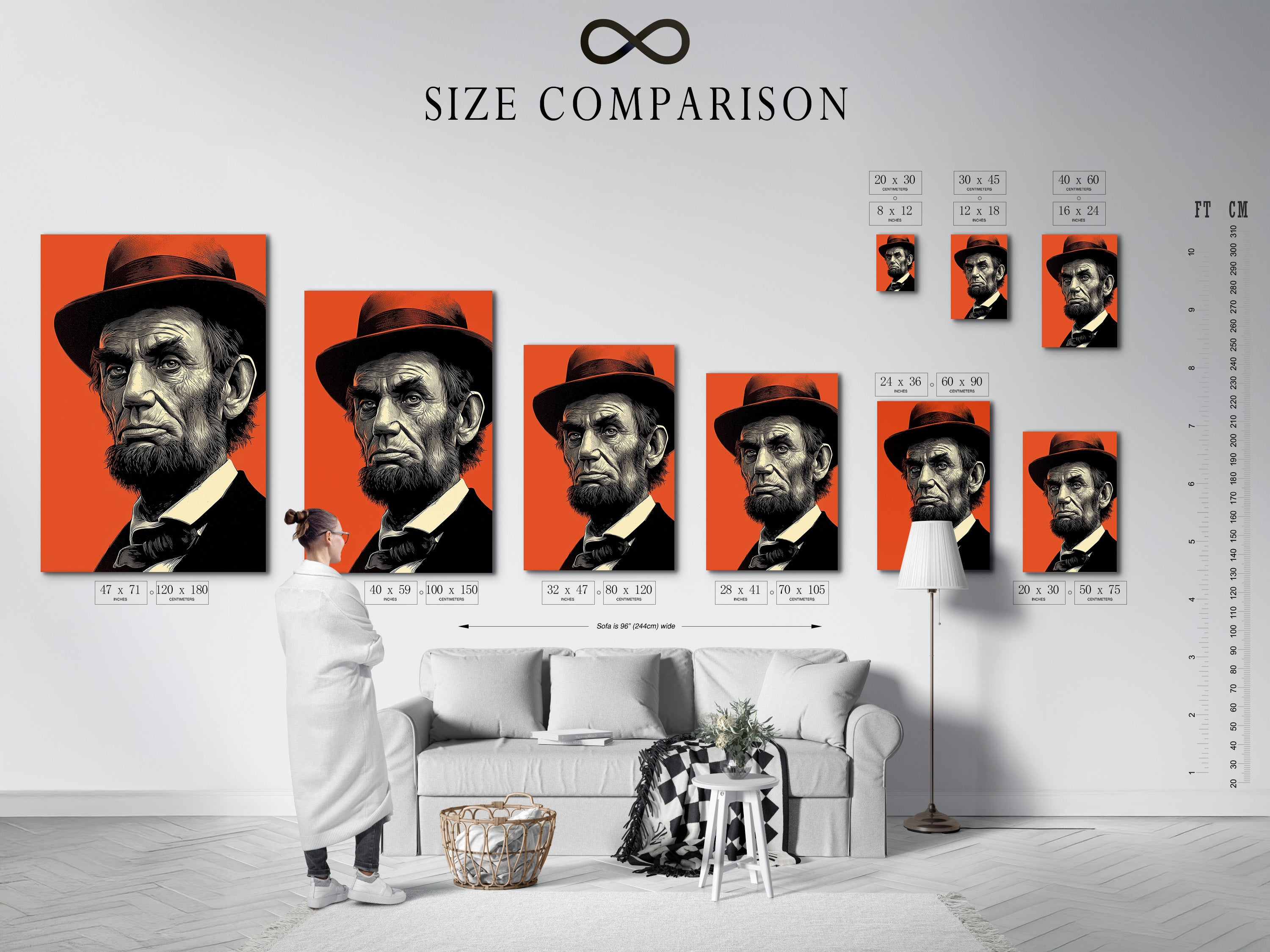 A size comparison chart in an interior setting. This chart helps visualize artwork dimensions. It makes choosing the right size easy. Find the perfect size for your space. Visualize how artwork will look in your home.
