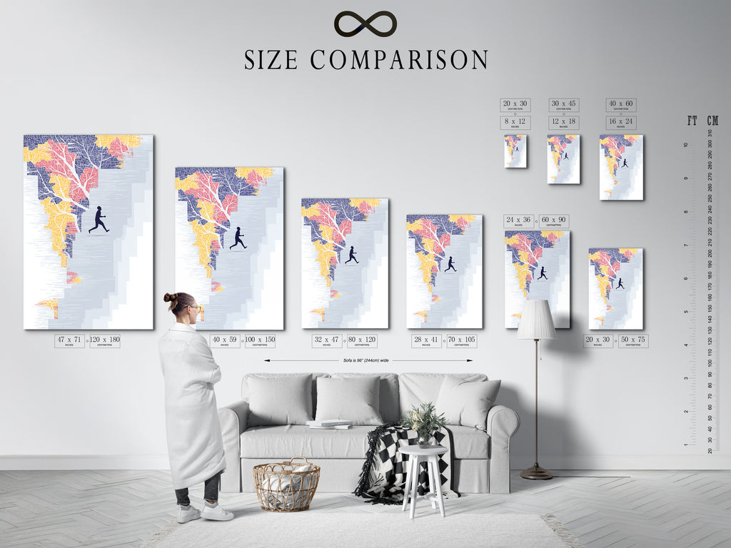 Size comparison chart in an interior setting showcasing the Running Man art print. Find the perfect fit for your space with abstract stairs wall art. This motivational artwork enhances office decor. Available in various sizes.