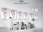 Size comparison chart in an interior setting showcasing the Running Man art print. Find the perfect fit for your space with abstract stairs wall art. This motivational artwork enhances office decor. Available in various sizes.