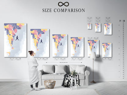 Size comparison chart in an interior setting showcasing the Running Man art print. Find the perfect fit for your space with abstract stairs wall art. This motivational artwork enhances office decor. Available in various sizes.