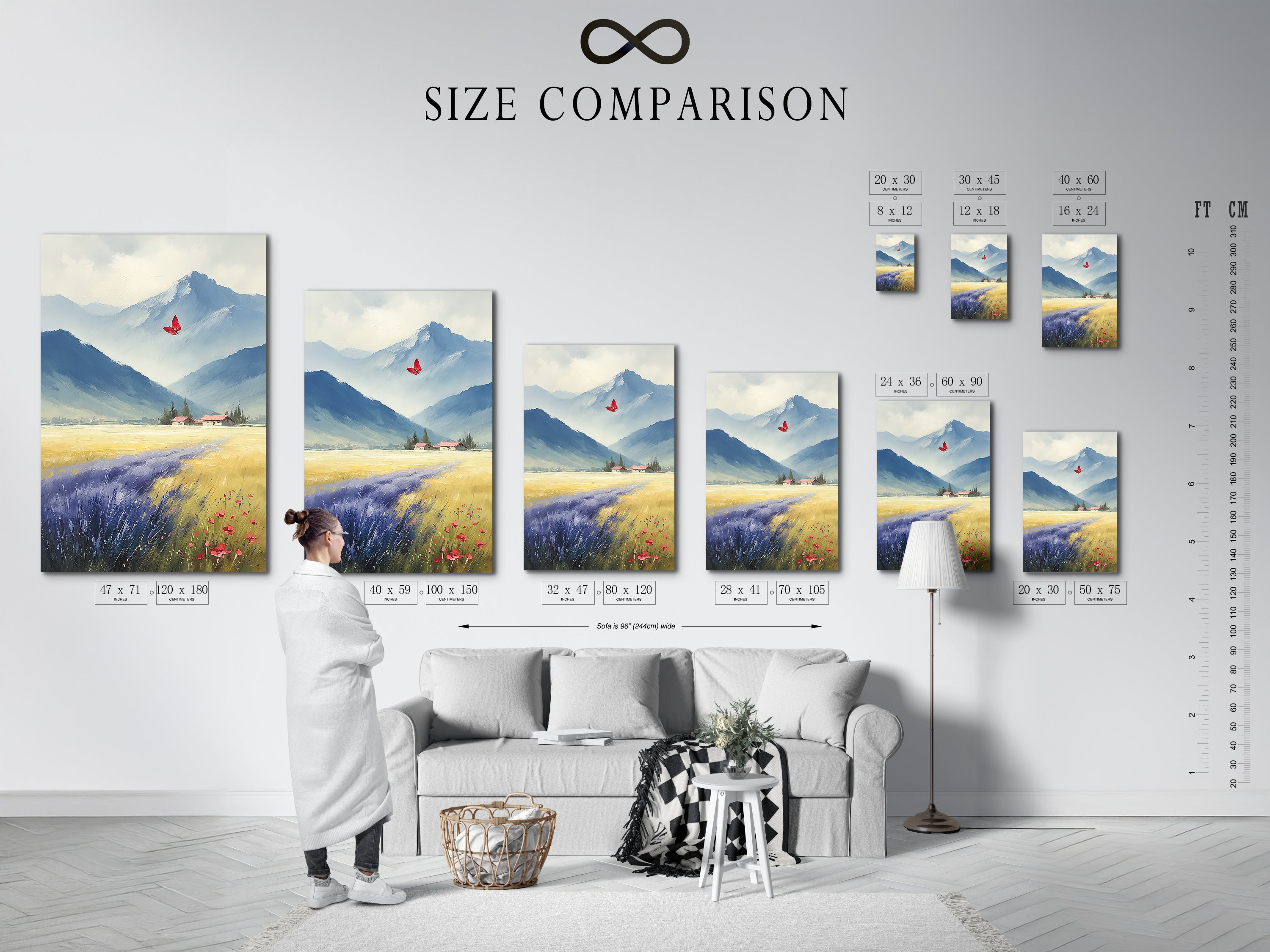 This size comparison chart is displayed in an interior setting. It showcases how the mountain meadow artwork fits different spaces. Visualize the ideal size for your wall. Find the perfect dimensions for your rustic landscape art today.