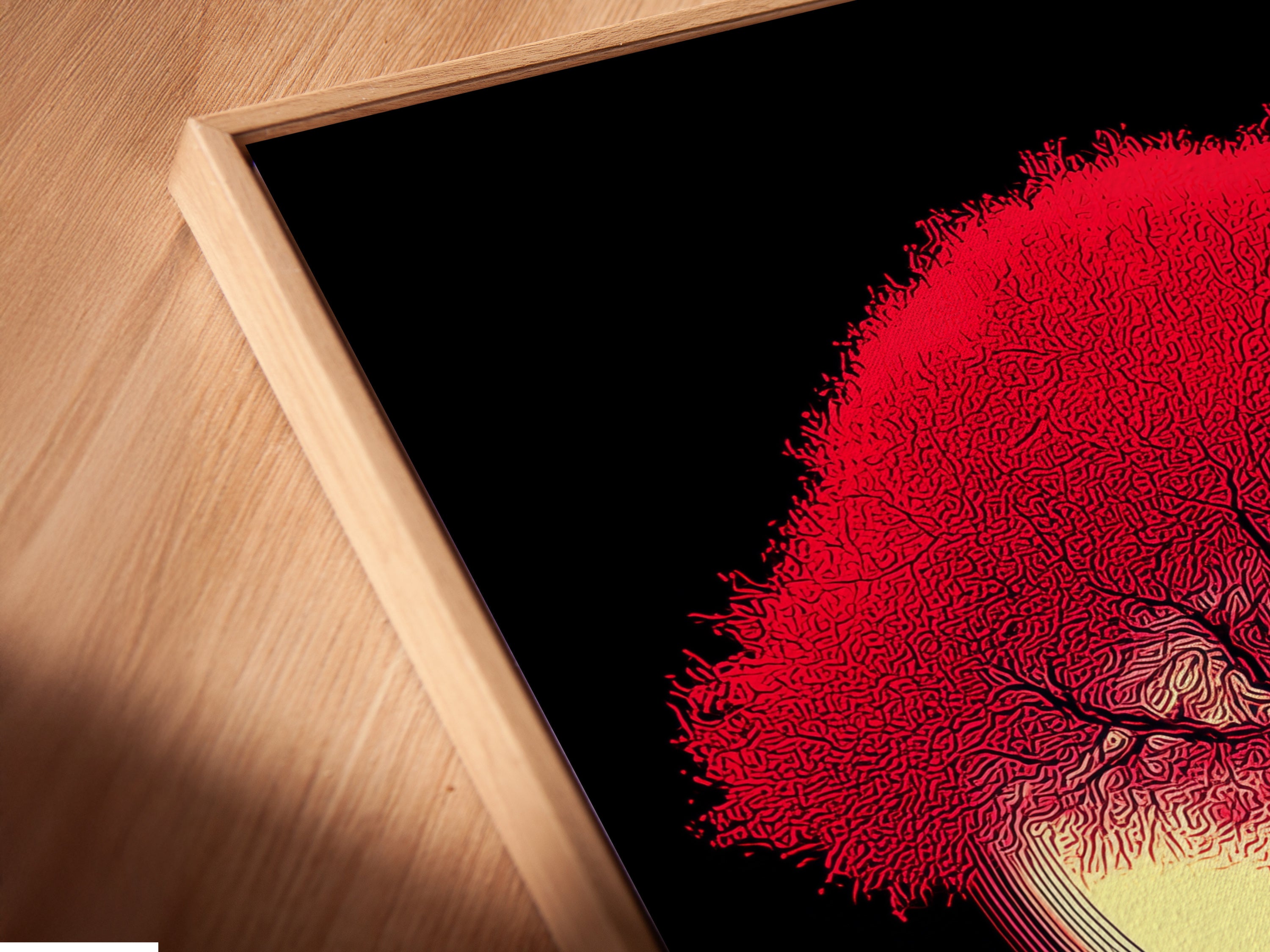 Close-up of a Crimson Tree canvas print in a floating frame. The red cityscape wall art is a modern silhouette. The floating frame adds a unique touch. Ideal for modern artwork. This silhouette print enhances any space.