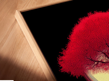 Close-up of a Crimson Tree canvas print in a floating frame. The red cityscape wall art is a modern silhouette. The floating frame adds a unique touch. Ideal for modern artwork. This silhouette print enhances any space.