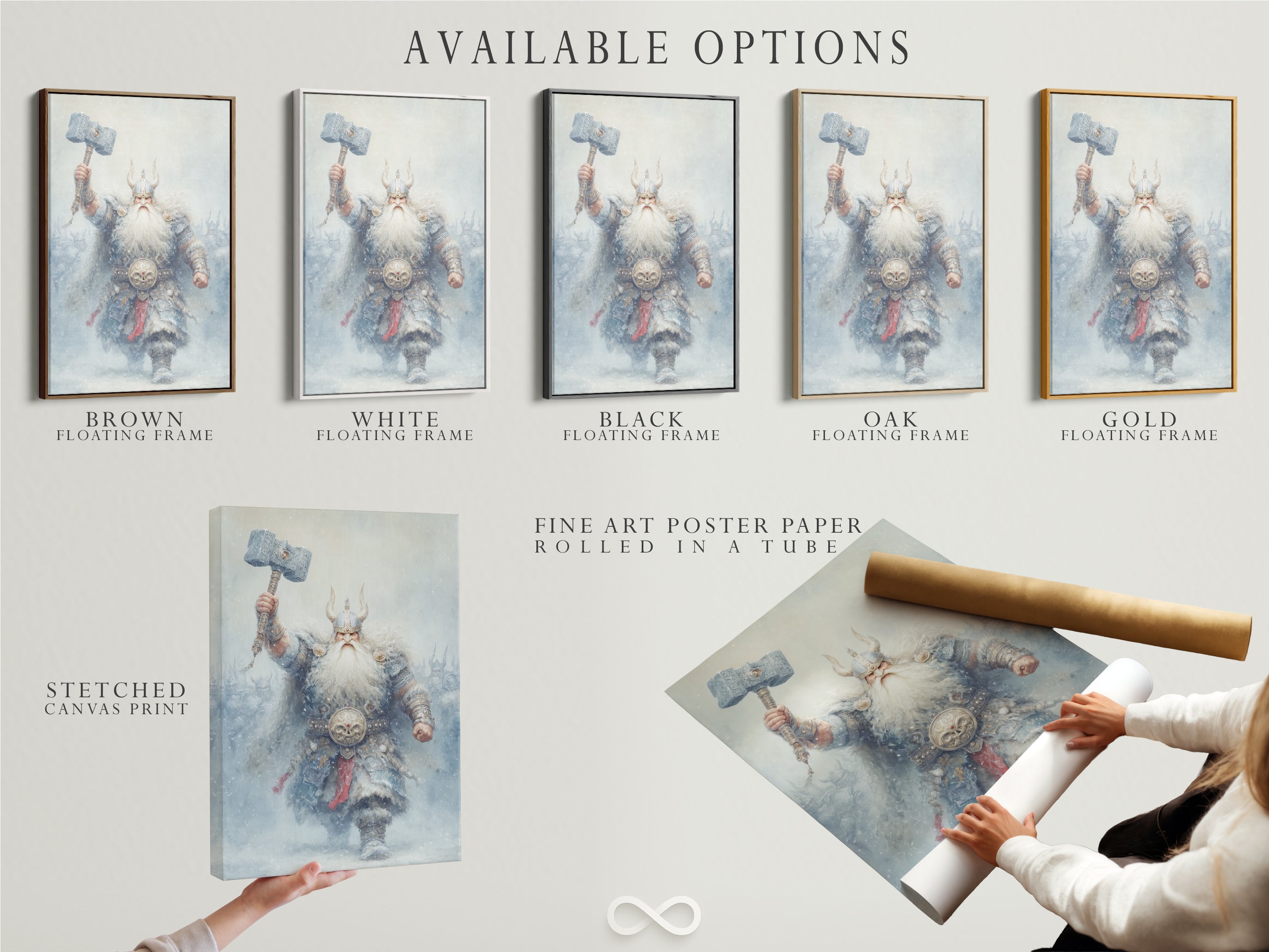 Available options for the Viking Warrior artwork are showcased. Including stretched canvas print fine art poster paper and floating frame. Explore the Norse Mythology options. Find the perfect style for your game room decor. Enhance your space with fantasy artwork.