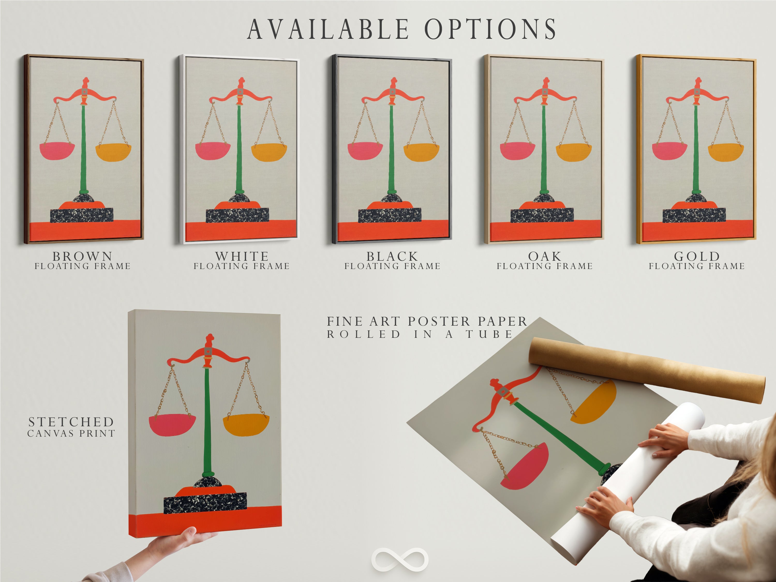 Available options for the Justice Scales artwork. Choose from a stretched canvas print a fine art poster or a floating frame. Customize the artwork to match your personal style and office decor needs.