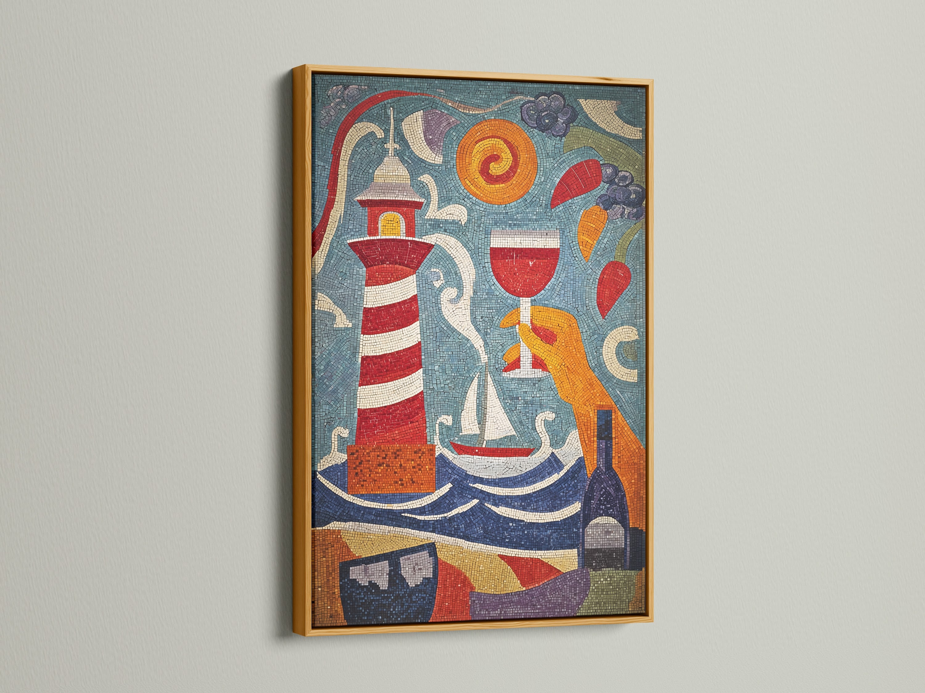 Maritime Wall Artwork with a gold frame. This lighthouse art brings a touch of luxury. This coastal decor complements any space. This mosaic print is vibrant and detailed. The art is a focal point for any room. It is perfect for eclectic themes.