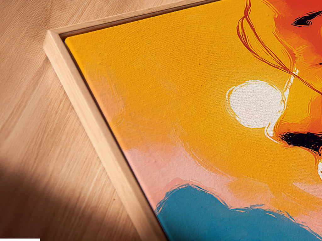 Close up of a canvas print in a floating frame. The surreal portrait artwork showcases an abstract face art and sunset lake reflection. It is modern wall art perfect for minimalist decor.