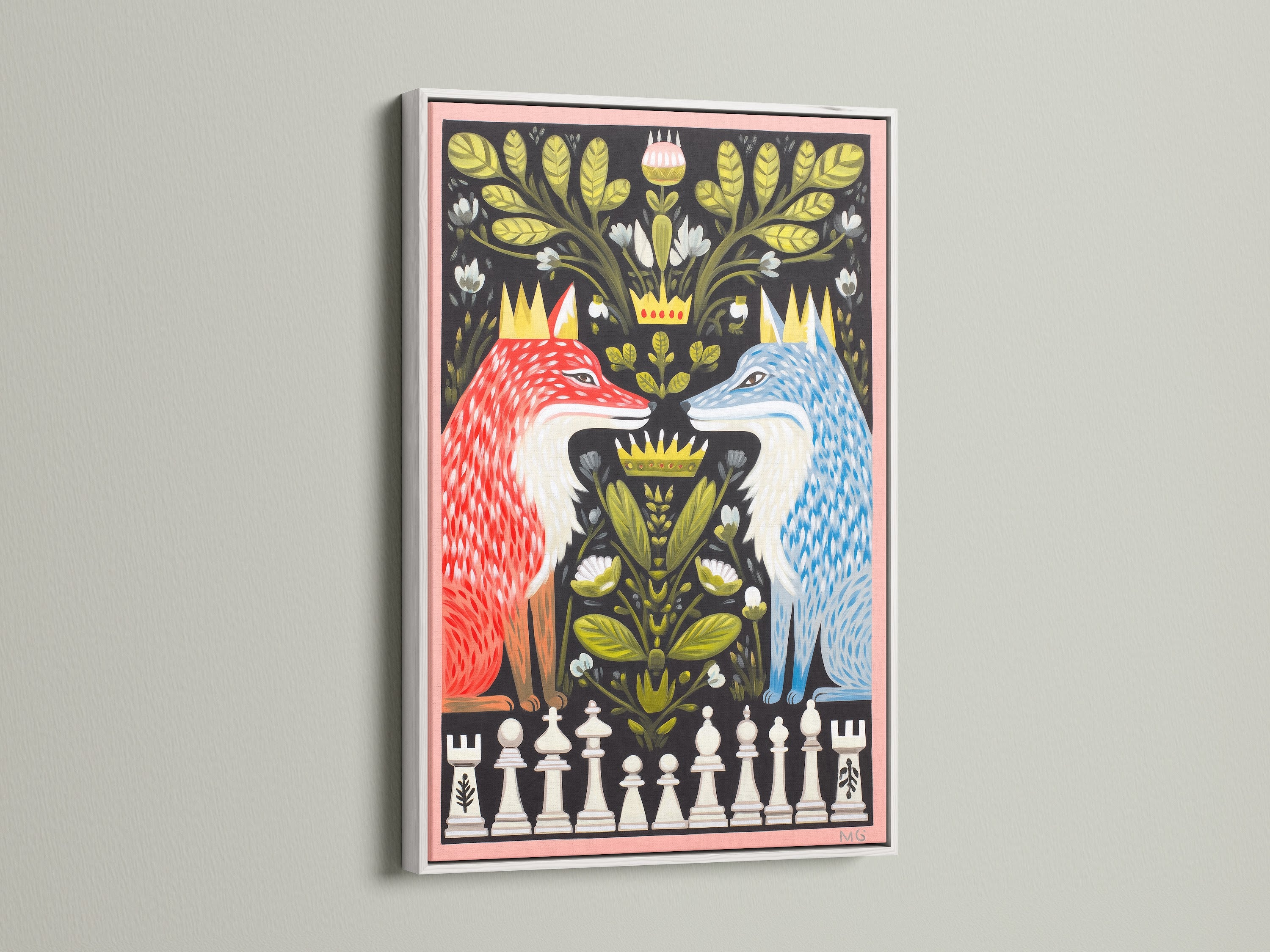 The Fox Chess artwork is beautifully framed in white. This whimsical piece adds character to any room. The red and blue art complements various styles. Perfect for nurseries and kids rooms. It's a fantastic addition to eclectic interiors. This animal artwork stands out.