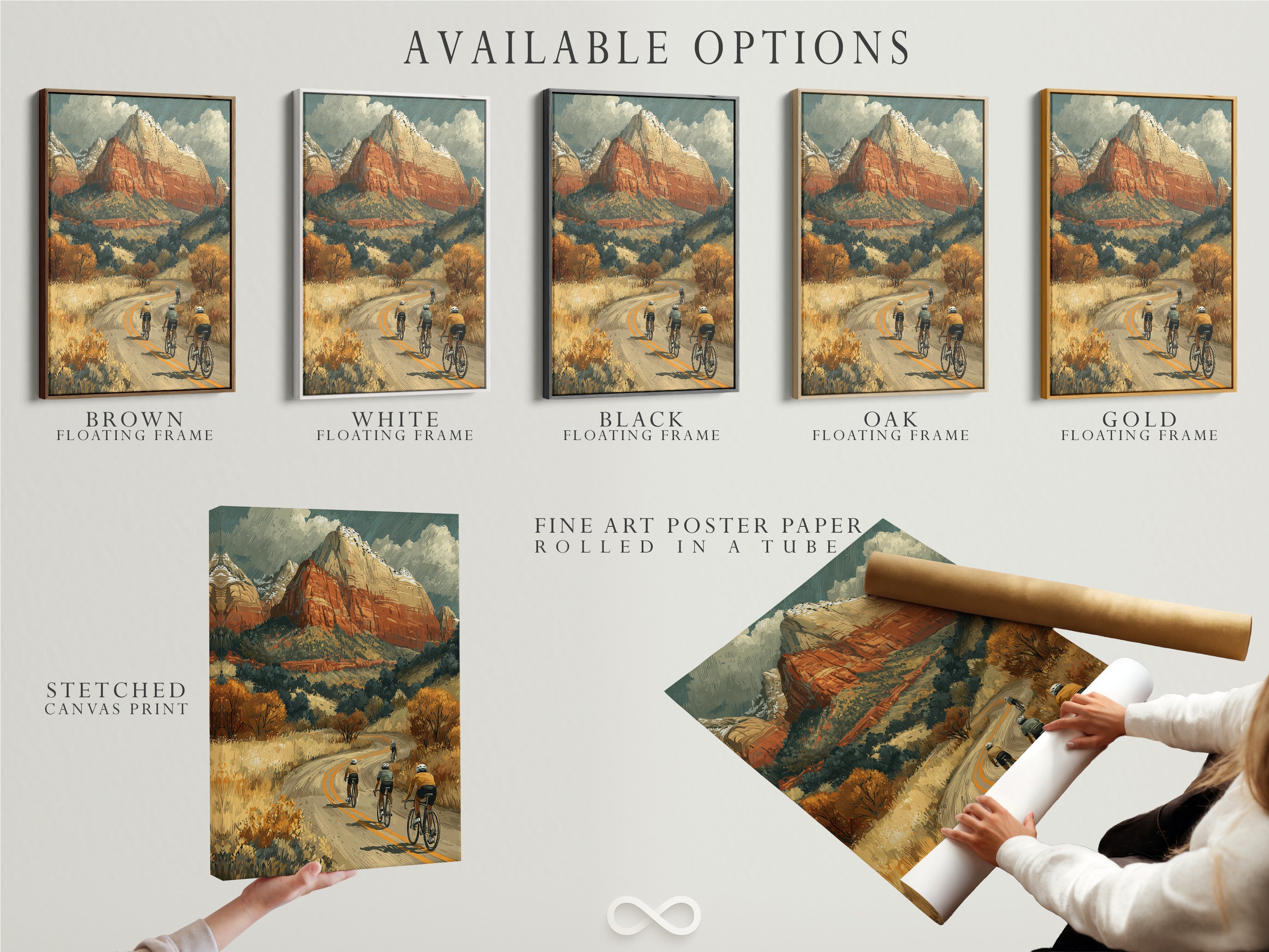 Available options for cycling art. Stretched canvas print fine art poster paper and floating frame options. Vintage adventure wall art. The desert landscape poster is ideal for home office decor. 