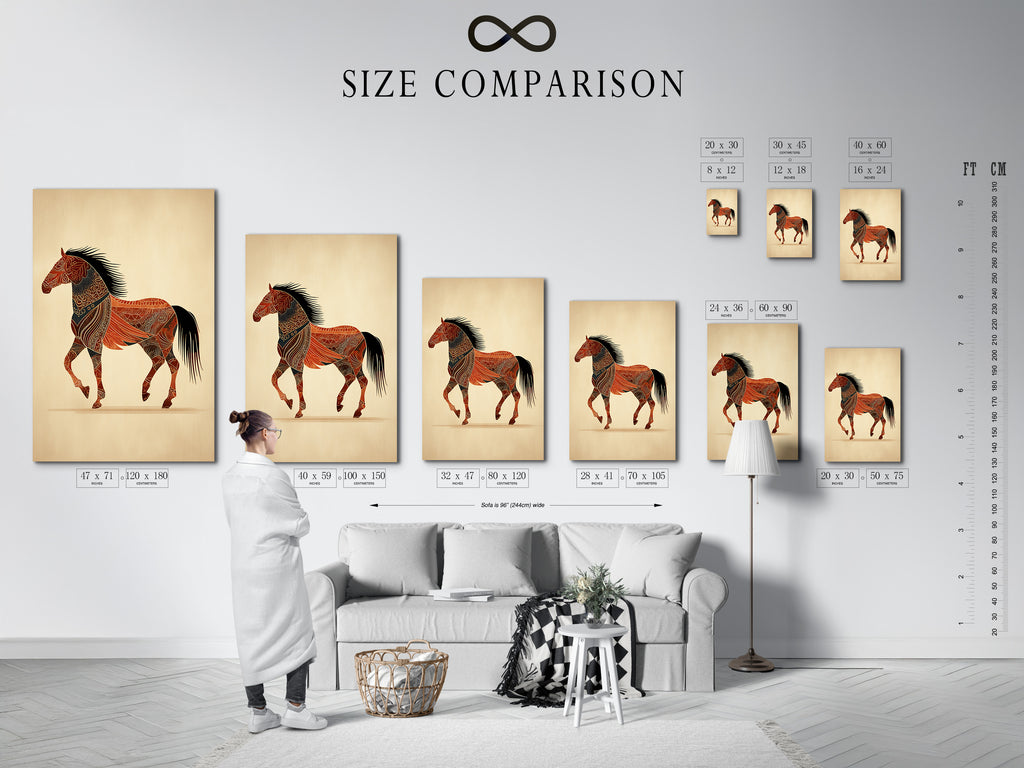 A size comparison chart is shown in an interior setting. This helps visualize artwork dimensions. See how different sizes fit in your space. Choose the perfect size for your artwork. Explore our size options.