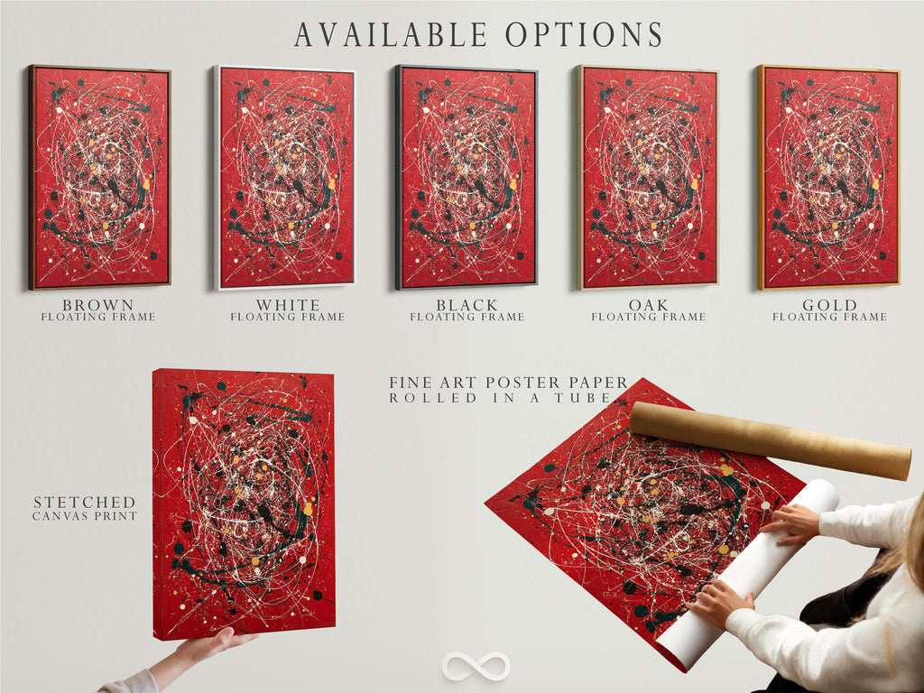 Explore available options for abstract splatter art prints. Choose between stretched canvas prints fine art poster paper or floating frames. The red canvas wall art offers a modern aesthetic. Paint drip artwork enhances contemporary decor. Perfect for personalizing your space with unique art.