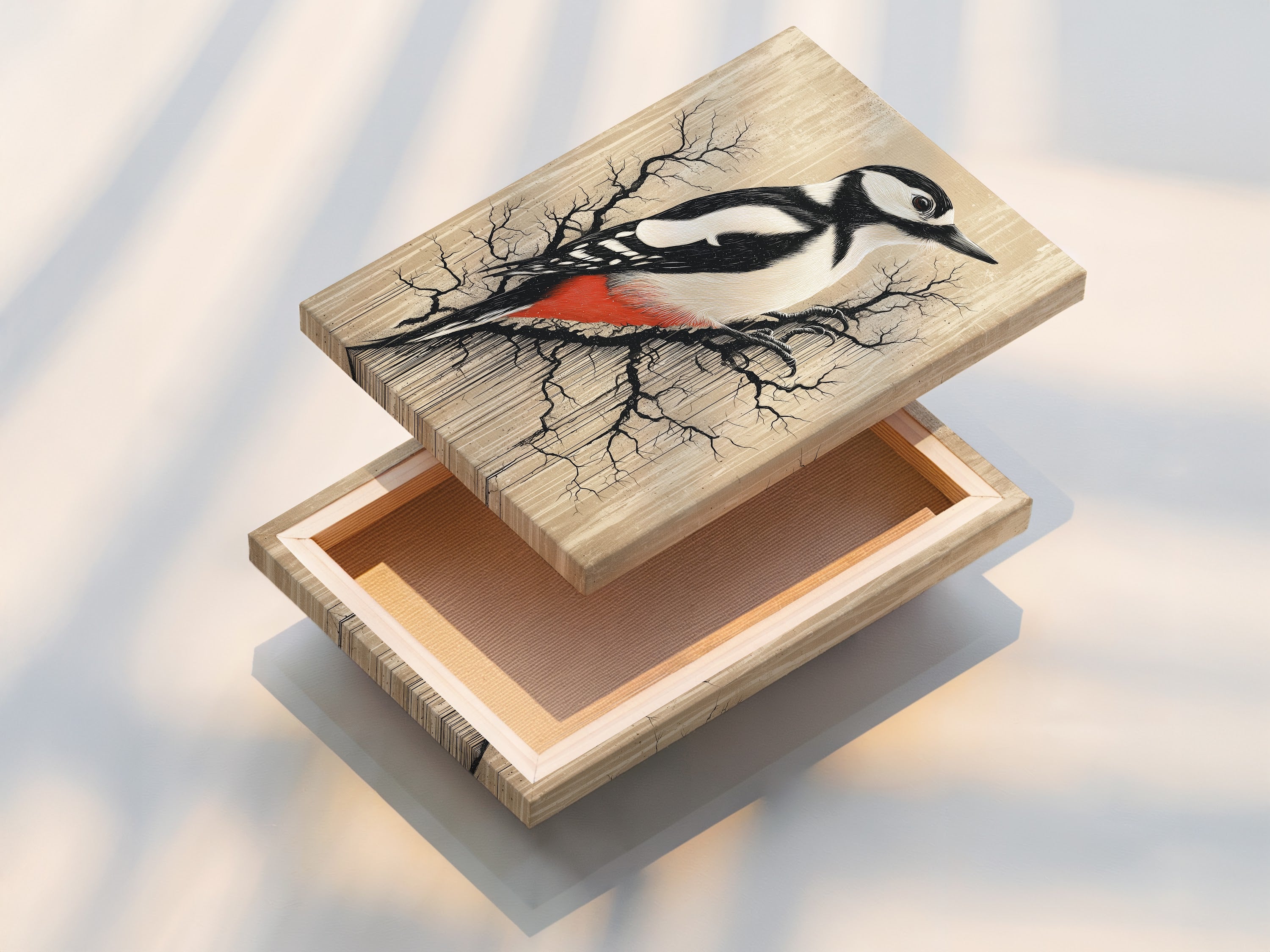 A stretched canvas print featuring a woodpecker artwork. This vintage bird wall art adds a rustic touch. The neutral tones are suitable for any study room. Ornithology art for birdwatcher gift. Great for homeowners renters interior designers stagers and business owners. Perfect for any room