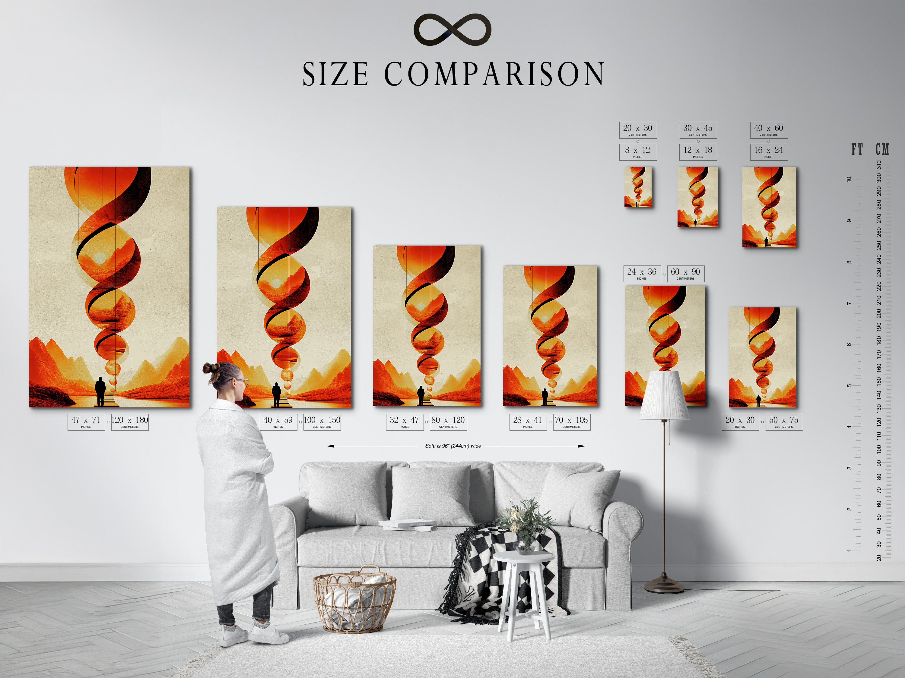 Size comparison chart displayed in an interior setting. The chart shows available sizes for abstract geometric artwork. Options include stretched canvas fine art poster and framed prints. The artwork features orange and red colors. This chart helps visualize the perfect fit. Ideal for homeowners and interior designers. Find the right size for your space.