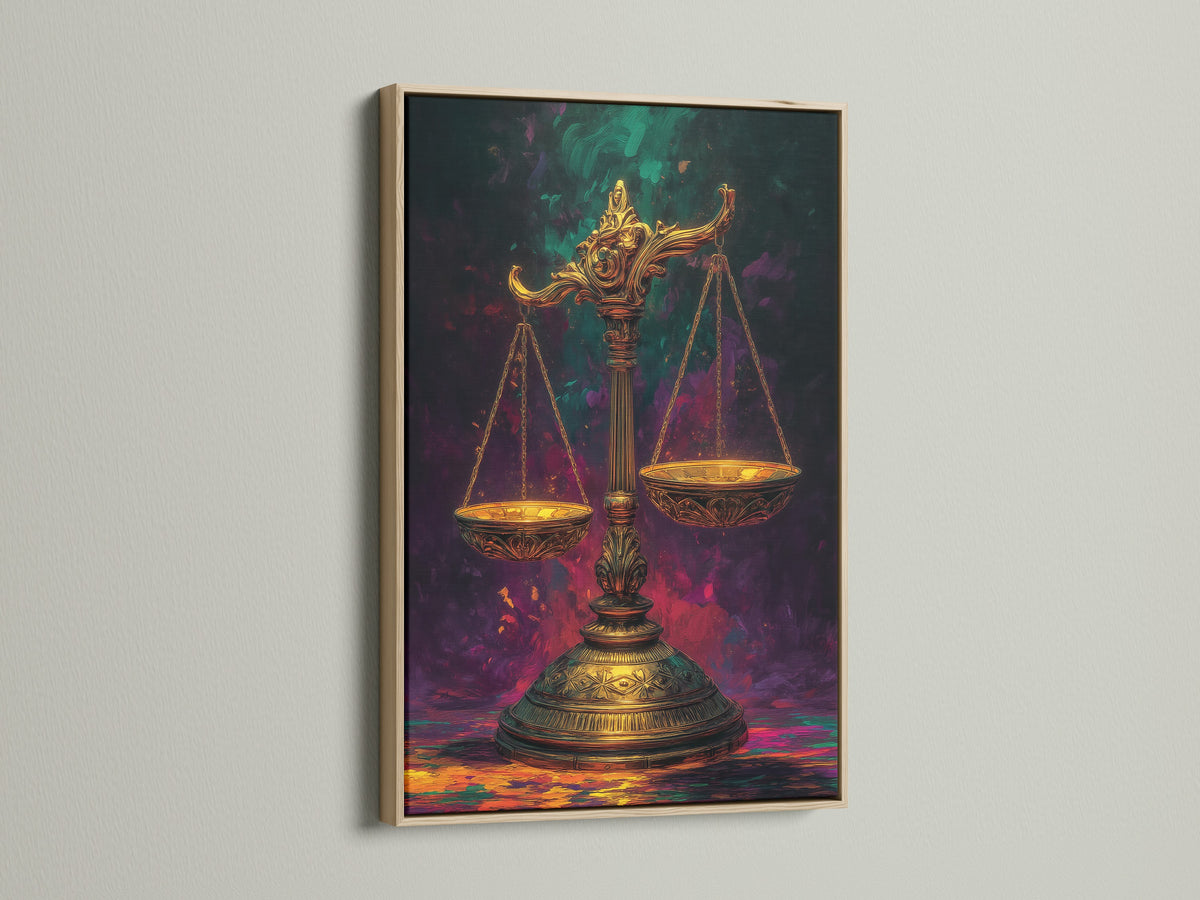 Golden scales of justice wall art in a calm, minimal setting