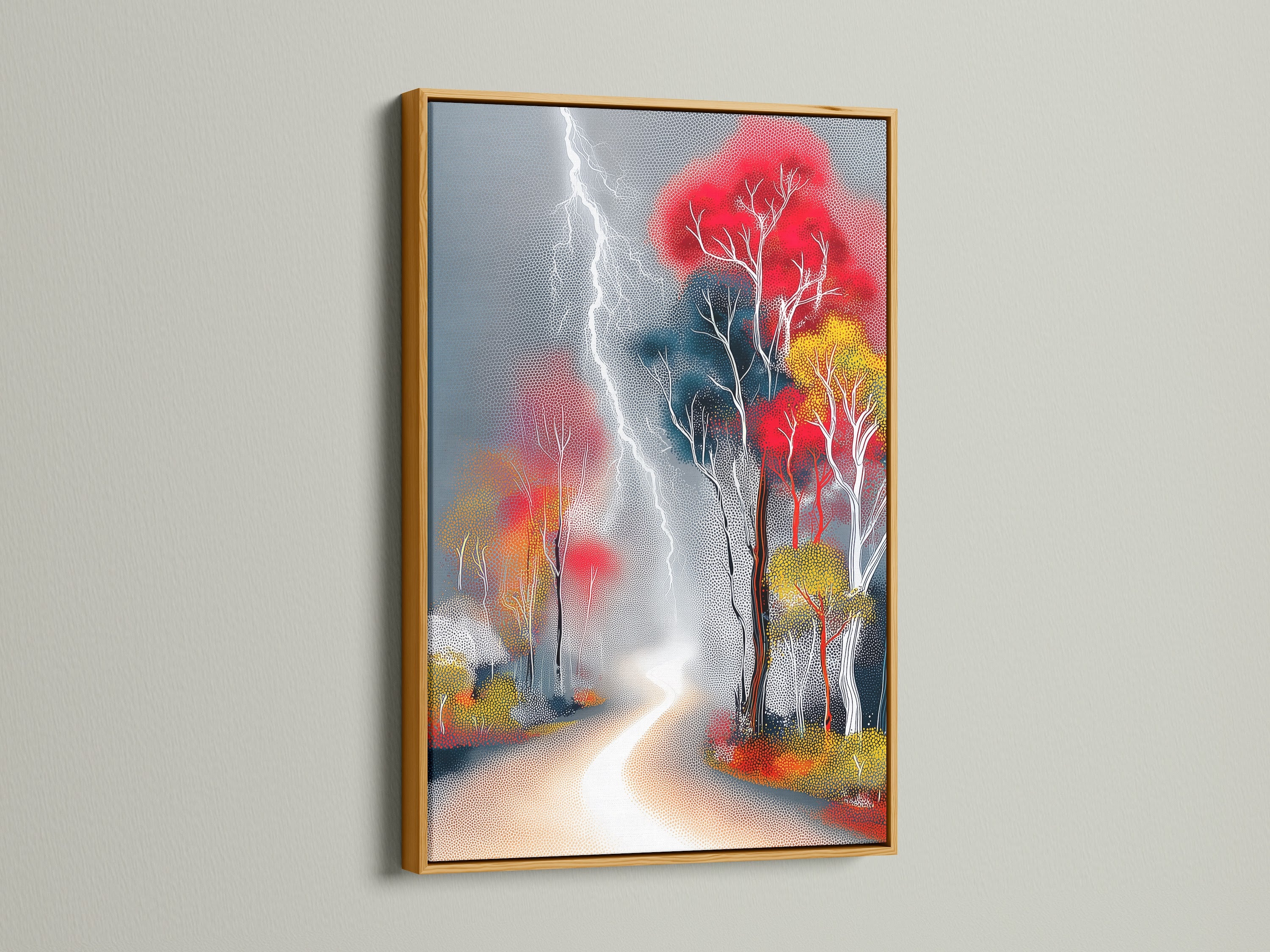 Discover the 'Lightning Forest' artwork in a gold frame. The art presents colorful trees and a modern storm. The gold frame adds a touch of luxury. Perfect for creating a focal point in any room. Transform your space with this captivating artwork.