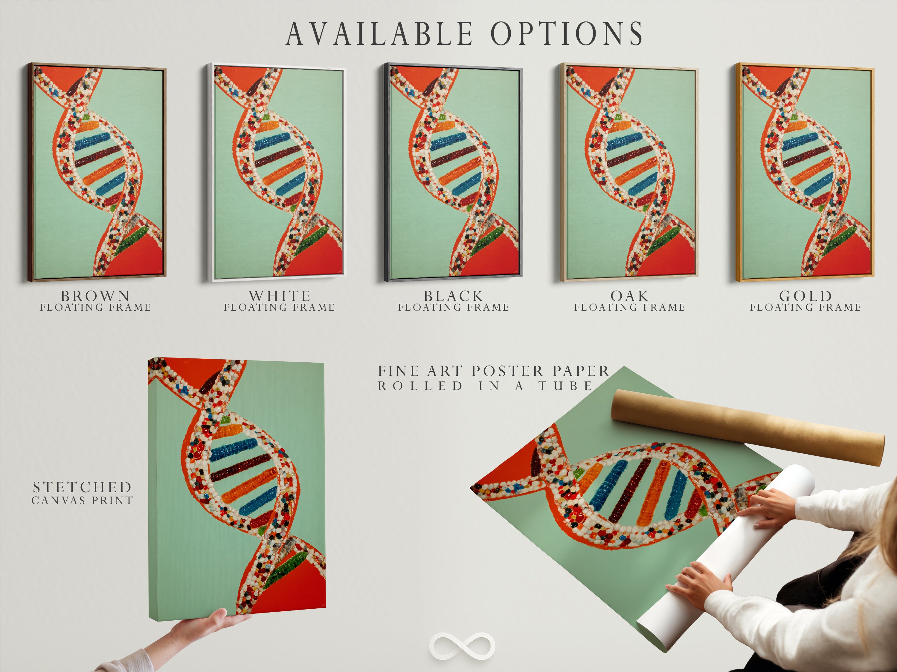 Available options for DNA Molecule art. Choose from a stretched canvas print fine art poster paper or floating frame. This biology artwork offers versatile decor solutions. Its colorful genetic code adds a modern touch. Perfect as a science gift for any contemporary space