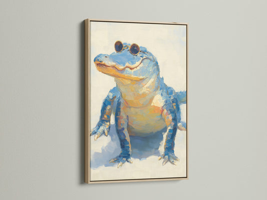 Framed cool alligator artwork with an oak frame. The whimsical animal wall art features a quirky wildlife poster. The oak frame enhances the playful animal nursery art.