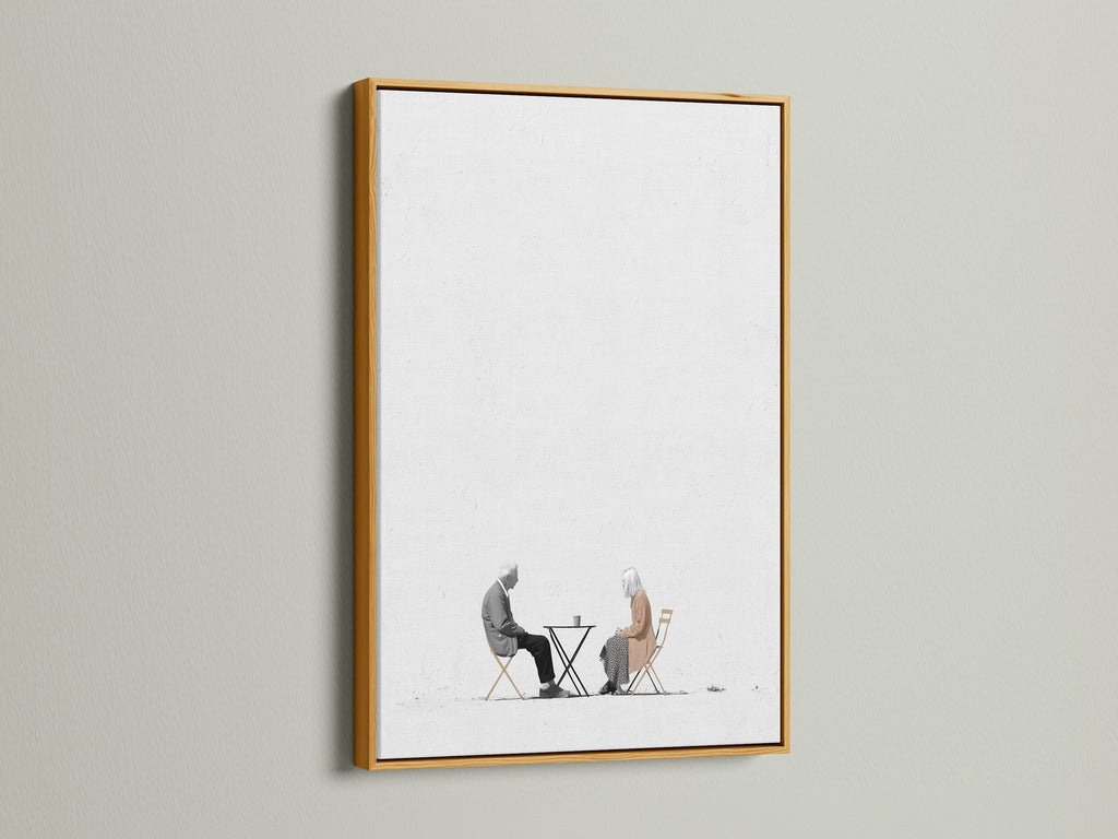 Elevate your walls with this minimalist artwork. It features an elderly couple. The gold frame adds a luxurious touch. Perfect for living room or office wall art. This subtle artwork enhances any space. Explore our range of fine art prints today for your home or business.