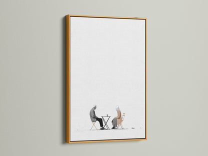 Elevate your walls with this minimalist artwork. It features an elderly couple. The gold frame adds a luxurious touch. Perfect for living room or office wall art. This subtle artwork enhances any space. Explore our range of fine art prints today for your home or business.