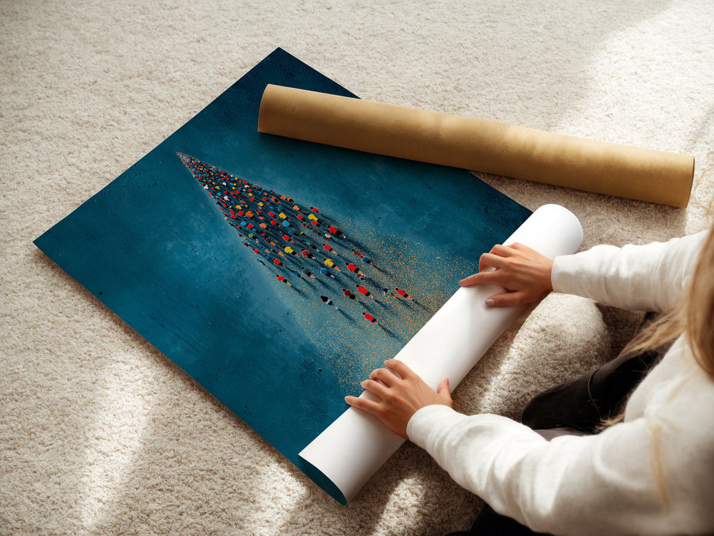 A woman is carefully rolling a fine art poster paper of the aerial swimmers artwork. This high-quality print captures the beauty and detail of the original. The artwork is perfect for adding an ocean sports theme to your space. Ideal for fitness enthusiasts and those seeking inspiring wall decor. It's a versatile piece for any room.