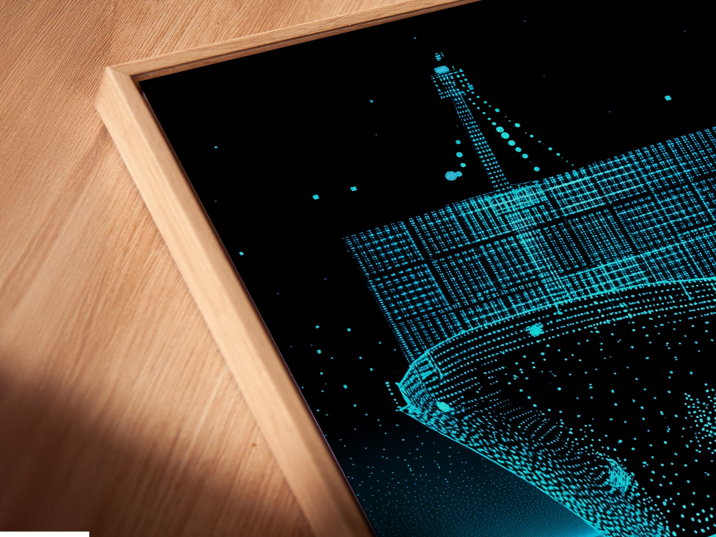 A close-up angled shot of a canvas print in a floating frame. The frame style enhances the depth and dimension of the artwork. The floating frame creates a modern and sophisticated gallery-like display. The canvas print appears to hover within the frame itself.